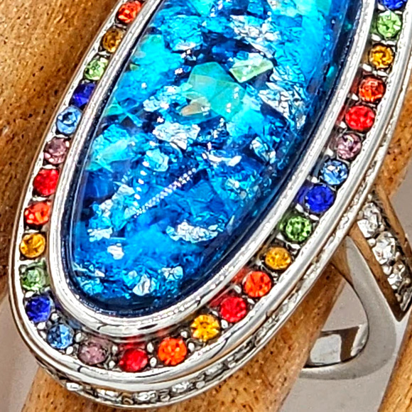 Multi Color Austrian Crystal Lab Created Faux Opal Statement Ring Stainless Sz 8 - Picture 4 of 4